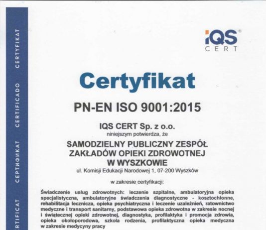 Wyszkowski szpital z certyfikatem ISO Certyfikat ISO Szpital Wyszków