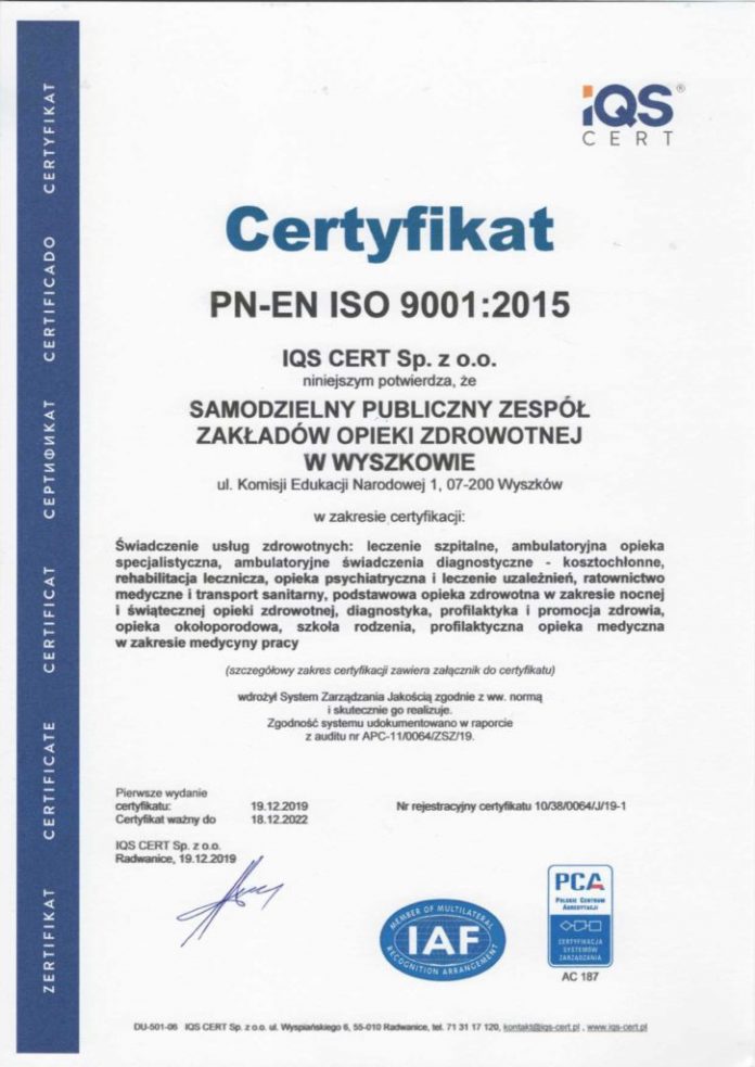 Certyfikat ISO Szpital Wyszków