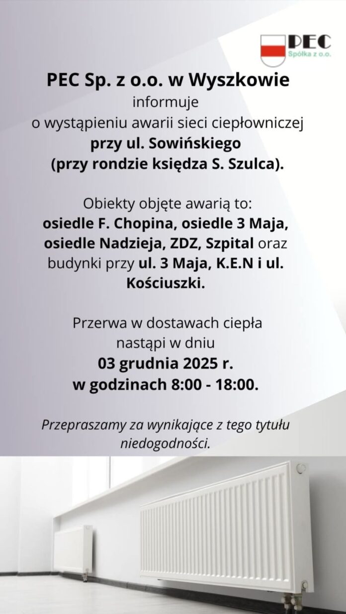 PEC wyszków awaria sieci ciepłowniczej