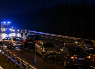 Karambol na S8 w Głuchach. Pięć aut, dwie osoby w szpitalu Ilustracja nocnego karambolu pięciu samochodów na trasie S8 w Głuchach