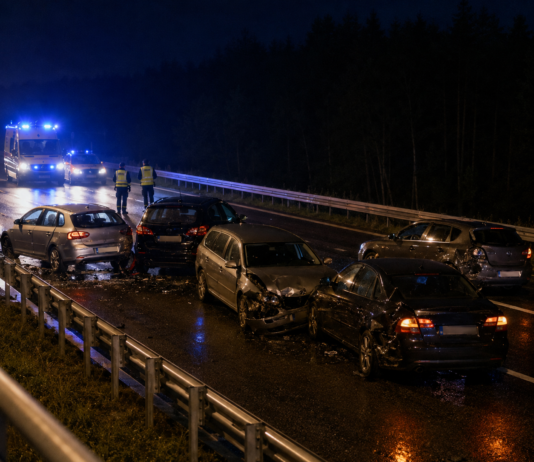 Karambol na S8 w Głuchach. Pięć aut, dwie osoby w szpitalu Ilustracja nocnego karambolu pięciu samochodów na trasie S8 w Głuchach