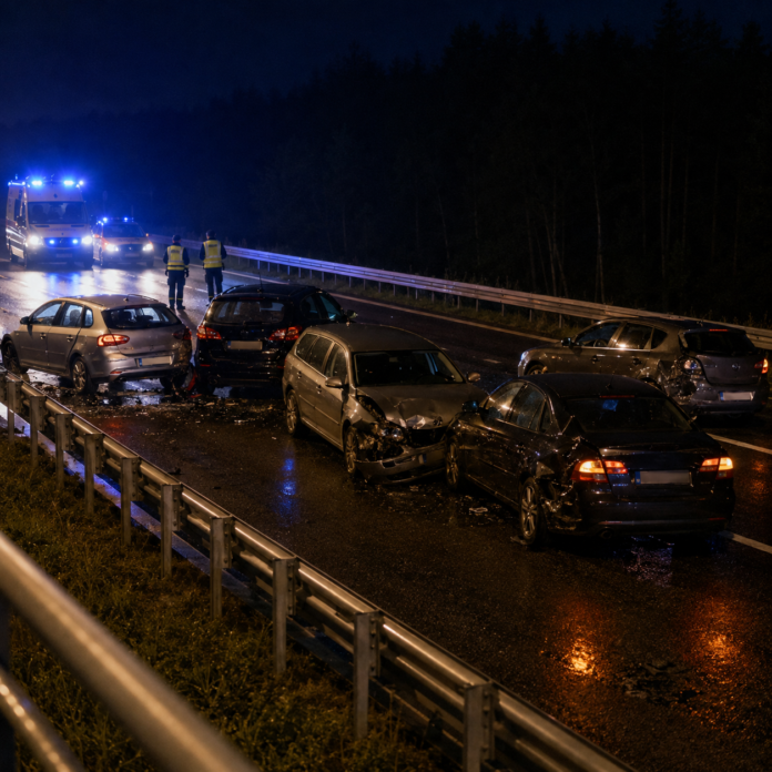 Karambol na S8 w Głuchach – zderzenie pięciu samochodów Ilustracja nocnego karambolu pięciu samochodów na trasie S8 w Głuchach