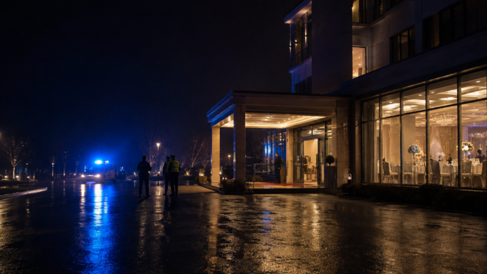 Tragedia na weselu w Wadowicach – nocna interwencja służb Nocna interwencja policji przed hotelem po tragicznym zdarzeniu na weselu w Wadowicach